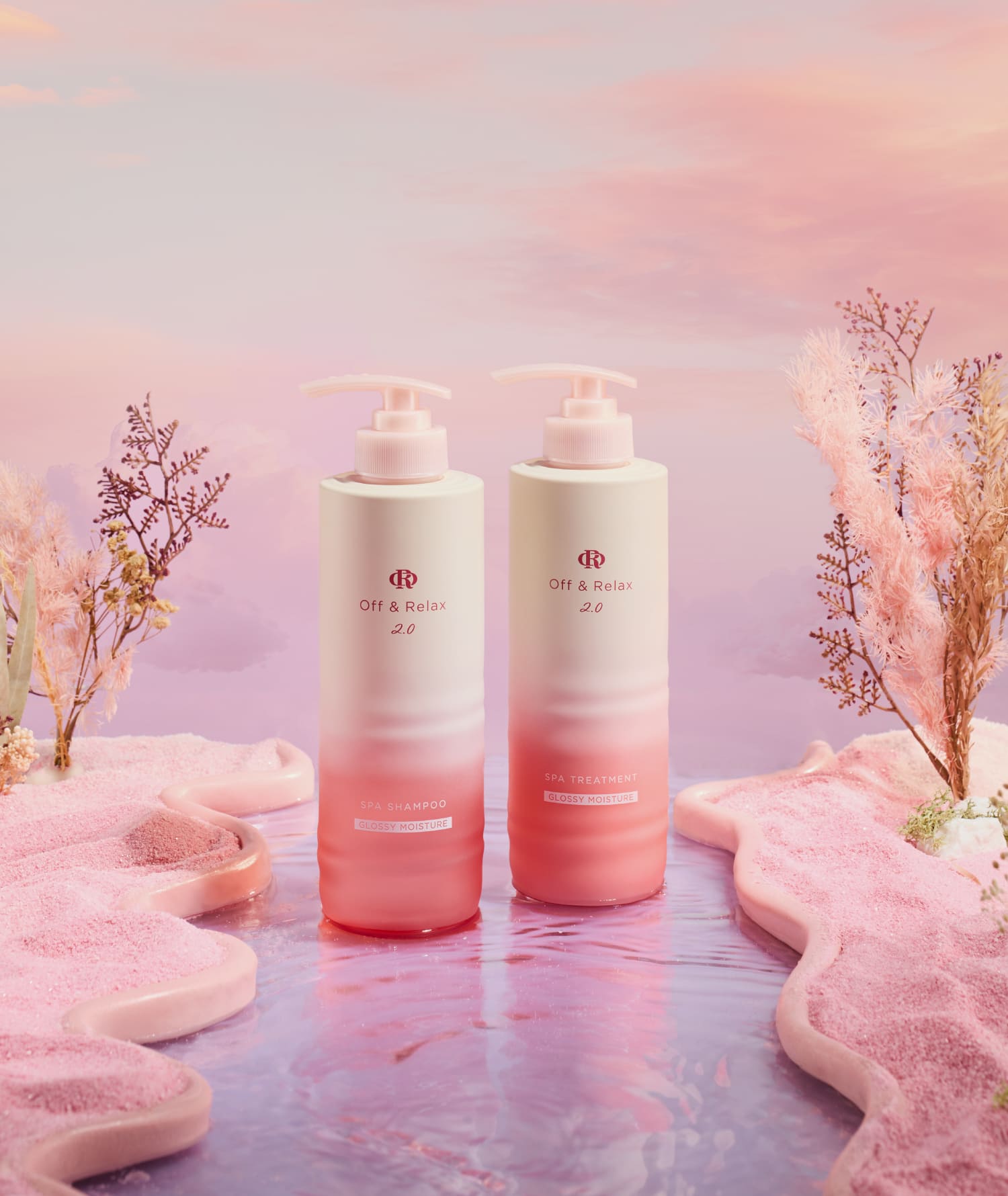 Off and Relax Glossy Moisture spa shampoo and treatment styled with pink sand and water
